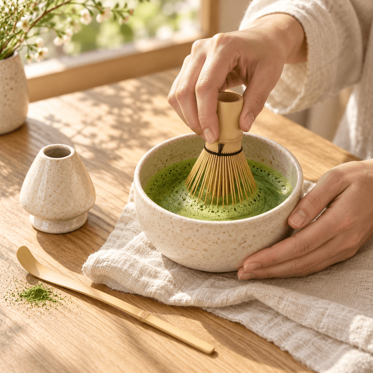 Préparation du matcha avec le fouet en bambou Chasen Naturel et le bol Chawan Ivoire