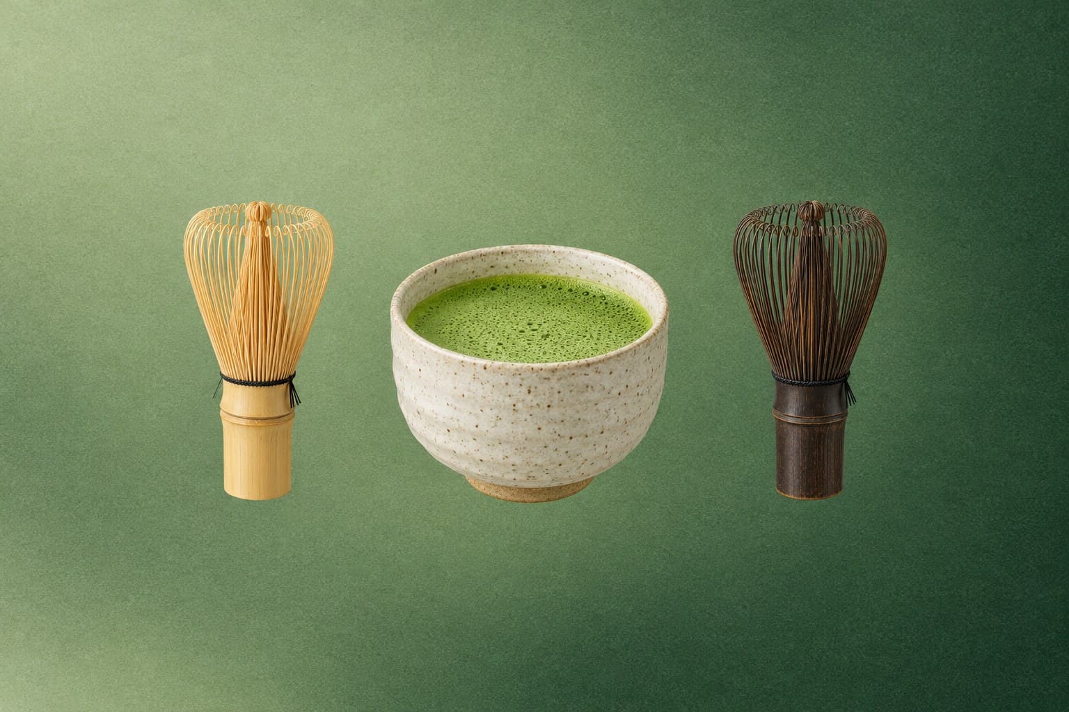 Deux fouets à matcha chasen, en bambou clair et en bambou fumé, autour d’un bol de matcha mousseux sur fond vert
